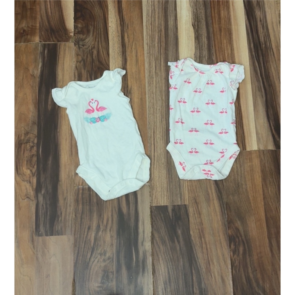 Flamingo Print Kids One Piece Set - White and Pink
